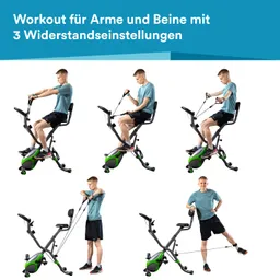 Eine Trainingsanleitung zeigt verschiedene Übungen für Arme und Beine mit einem Fitnessgerät. In mehreren Positionen sind person im blauen Shirt und schwarzen Shorts abgebildet. Das Gerät hat drei Widerstandseinstellungen.