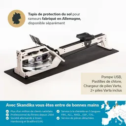Tapis de protection noir für Rudergeräte auf einem hellen Hintergrund, mit einem Rudergerät abgebildet. Textinformationen in mehreren Sprachen.
