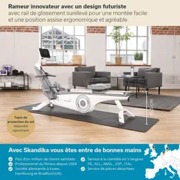 Innovativer Ruderergometer in einem modernen Raum mit zwei grauen Sesseln und großen Fenstern. Teppich und sichtbare Maße.