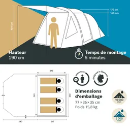 Zelt mit Maßen und Spezifikationen: Höhe 190 cm, Platz für 4 Personen, Montagezeit 5 Minuten, Abmessungen der Verpackung 77×36×35 cm.