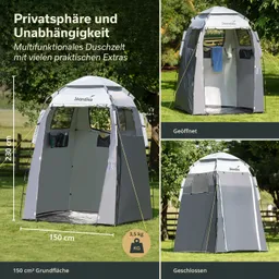 Duschzelt in grauer Farbe, im Freien auf Grasfläche. Geöffnet und geschlossen abgebildet, mit Maßen und Gewicht.