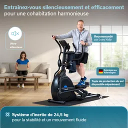 Person auf einem Crosstrainer in einem hellen Raum mit großen Fenstern, sitzende Person auf dem Sofa mit Laptop.
