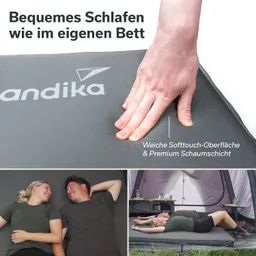 Graue Schlafmatte mit Logo, Hand berührt die Oberfläche. Unten: Zwei Personen lächeln, liegen nebeneinander im Zelt.