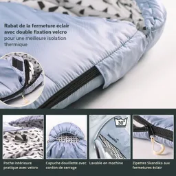 Kissen oder Schlafsack in blauer Farbe mit Reißverschluss und Klettverschluss. Innentasche, abnehmbare Kapuze und Pflegehinweise.