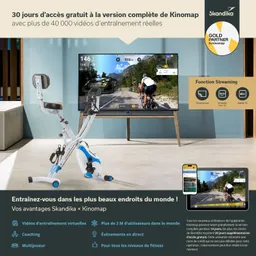 Fahrradtrainer mit Bildschirm zeigt virtuellen Trainingskurs. Hinweis auf 30 Tage kostenlose Nutzung von Kinomap.