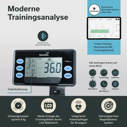 LCD-Anzeige eines Trainingsgeräts mit den Angaben zu Geschwindigkeit, Zeit, Kalorien und Puls. Bluetooth-Symbol und Tablet-Halterung sichtbar.