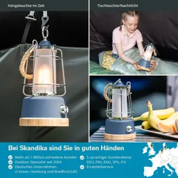 Hängelampe in einem Zelt, Tischlampe in einem Schlafsack-unwelt mit einer Person, die die Lampe hält. Gelbe Bananen auf einem Tisch.