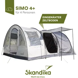 Zeltmodell SIMO 4+ für vier Personen, mit integrierten Zeltboden. Material in Grau und Weiß. Logo der Marke Skandika sichtbar.