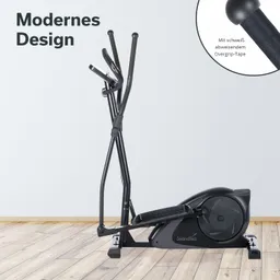 Ellipsentrainer in modernem Design, aus schwarzem Metall mit Holzboden und grauer Wand im Hintergrund.