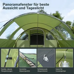 Zelt mit Panoramafenstern, robusten Fiberglastangen und verschiedenen Details zu Abspannpunkten und Halterungen.