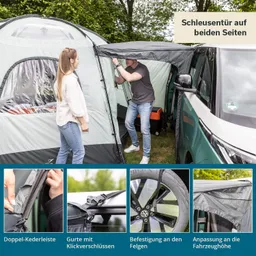 Zelt mit einer Person, die eine Tür öffnet, und einer weiteren Person daneben. Im Hintergrund ein Fahrzeug.