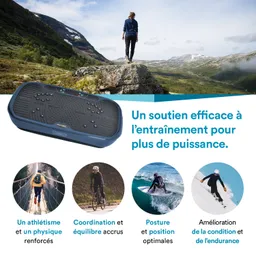 Eine Person steht auf einem Felsen inmitten einer bergigen Landschaft. Unten ist ein Fitnessgerät abgebildet. Außerdem sind drei Symbole mit Personen bei verschiedenen Aktivitäten (Radfahren, Surfen, Skifahren) und dazugehörigen Texten dargestellt.