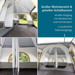 Zelt mit großen Wohn- und Schlafbereichen, seitlichen Eingängen, Moskitonetz und Sonnendach. Innenansicht mit Fenstern.