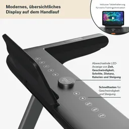 Modernes, schwarzes Handlauf-Display mit LED-Anzeige für Zeit, Geschwindigkeit, Schritte, Distanz, Kalorien und Steigung.
