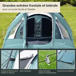 Zelt mit großen Eingängen und Fenstern auf einer grünen Wiese. Detailansichten von Gestängen, Verdunkelungsstores, Befestigungs Schnüren und Belüftungsöffnungen.