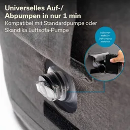 Graues Luftsofa mit Ventil zum Auf- und Abpumpen. Neben einem Handgriff, der eine Pumpe hält, befindet sich eine Zusatzansicht.