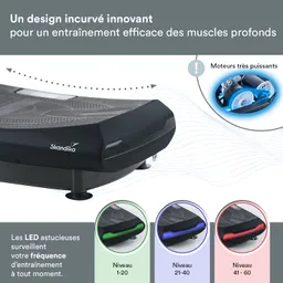 Vibrationsplattform in Schwarz mit abgerundeter Form. Illustrationen von LED-Anzeigen für Trainingslevel. Mechanismus sichtbar.