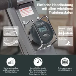 Digitaler Trainingscomputer an einem Rudergerät, zeigt Daten wie Geschwindigkeit, Zeit, Kalorien und Ruderzüge.