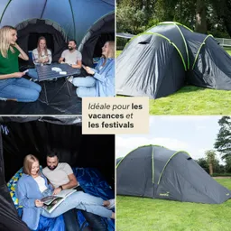 Zelt mit mehreren Personen, die Karten spielen. Zwei Personen lesen in einem Schlafsack. Zelt steht auf einer Wiese.