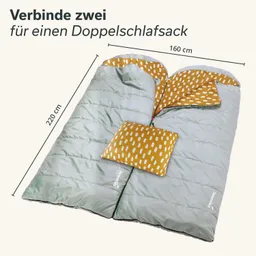 Doppelschlafsack in Hellgrün mit gemusterter Innenseite. Maße: 220 cm x 160 cm. Ein Kopfkissen in Gelb ist ebenfalls sichtbar.