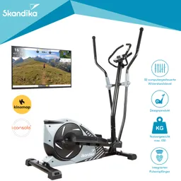 Ellipsentrainer der Marke Skandika, neben einem Bildschirm mit Landschaftsansicht und Trainingsdaten.