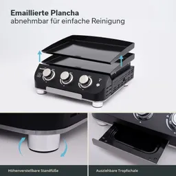 Grillgerät mit abnehmbarer emaillierter Planchafläche und drei Drehreglern. Höhenverstellbare Standfüße und ausziehbare Tropfschale.
