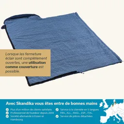 Blaues, gemustertes Bettzeug mit offenem Reißverschluss, auf einem hellen Hintergrund. Textinformationen über Verwendung und Unternehmen.
