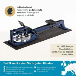 Bodenschutzmatte für Rudergeräte mit Rudergerät auf der Matte. Hintergrund in hellen Farben, Textdetails zur Matte sichtbar.