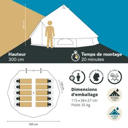 Zelt mit einer Höhe von 300 cm und Platz für bis zu 10 Personen. Maße und Montagezeit sind angegeben.