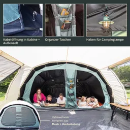 Campingzelt mit Kabine, Kabelöffnung, Organizer-Taschen und Haken für Lampe. Personen lesen im Inneren.