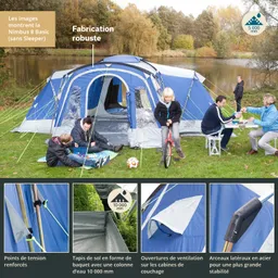 Zelt in blauer und grauer Farbgestaltung am Wasser, umgeben von Personen, die spielen, essen und relaxen.