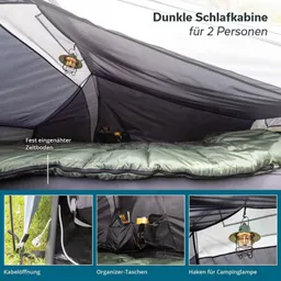 Dunkle Schlafkabine für 2 Personen mit eingenähtem Zeltboden, Campinglampe und Organizer-Taschen. Sichtbare Kabellöffnung.