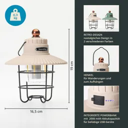 Retro-Lampe in beige und grün, mit Metallgitter und Henkel. integrierte Powerbank, Maße: 19 cm hoch, 16,5 cm breit.