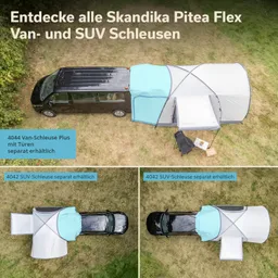 Schwarzer Van mit angeschlossenen Zelten auf einer Wiese. Oben verschiedene Zeltkonfigurationen abgebildet.