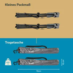 Zwei zusammengefaltete Stangen, oben auf braunem Hintergrund, darunter eine graue Tragetasche mit Maßen und Gewicht.