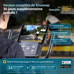 Fahrradtrainer mit Tablet, das eine Trainingsanwendung zeigt. Grafiken zu Übungen und Funktionen sind sichtbar.