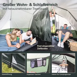 Zelt mit Wohn- und Schlafbereich, Personen im Zelt, Buchlesender und eine stehende Person. Organizers und Kabelöffnung sichtbar.