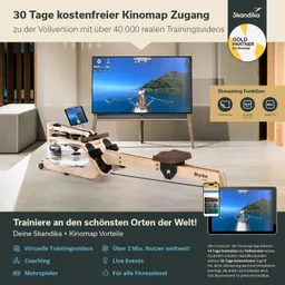 Rudergerät aus Holz mit Wasserbehälter, daneben ein Tablet mit Trainingsvideos. Im Hintergrund ein großer Fernseher, der eine Landschaft zeigt. Textinformationen zu kostenfreiem Zugang und Trainingsvorteilen sind sichtbar.