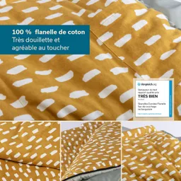 Ein gelbes Flanell mit weißen Mustern ist abgebildet. In der oberen linken Ecke befinden sich Textinformationen, darunter "100 % Flanell aus Baumwolle". Darunter sind einige detailreiche Ansichten des Stoffes und ein Qualitätssiegel zu sehen.