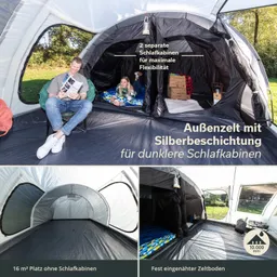 Zelt mit zwei separaten Schlafkabinen, Innenansicht mit Möbeln. Zu sehen sind eine Person in einem Stuhl und eine Person auf einer Matte.