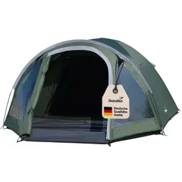Grünes Zelt mit einem Eingangsbereich, an dem ein Etikett mit „Skandika“ und „Deutsche Qualitätsmarke“ hängt.