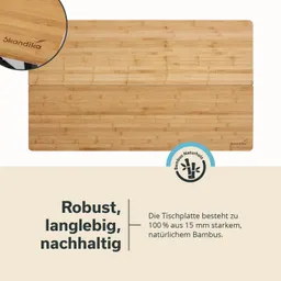 Bamboo-Tischplatte mit der Aufschrift „Skandika“ und Beschreibung. Text: „Robust, langlebig, nachhaltig“.