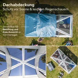 Dachabdeckung für einen Outdoor-Bereich, mit abnehmbarer Plane zur Belüftung. Unter der Abdeckung sind Menschen und Liegen sichtbar.
