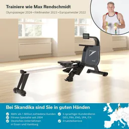 Rudergerät in einem hellen Raum mit zwei Fensterfronten. Ergänzende Informationen zu einem Fitnessunternehmen im unteren Teil.