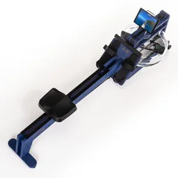 Rudergerät in blauer Farbe mit einer runden Wasserbehälter und einem Tablet-Halter.
