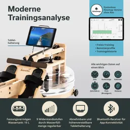 Wasserwiderstandstrainer mit Tablet-Halterung, transparentem Wassertank, Steuerungselementen und Trainingsdatenanzeige.