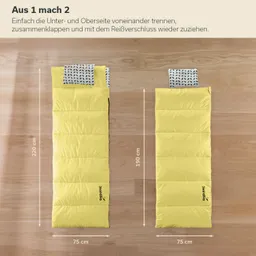 Zwei gelbe Schlafsäcke auf einem Holzfußboden, einer mit 220 cm und der andere mit 190 cm Länge, liegend und abgebildet.