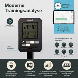 Trainingsgerät mit LCD-Bildschirm, integriertem Pulssensor und Tasten zur Regulierung. Informationen zu Zeit, Ruderschlägen, Kalorien, Puls und Distanz. Tablet-Halterung und Bluetooth-Konnektivität sichtbar.
