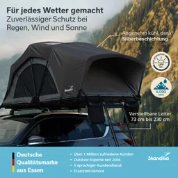 Dachzelt auf einem Auto, umgeben von Bergen. Beschriftung mit Produktinformationen und Markenlogo.