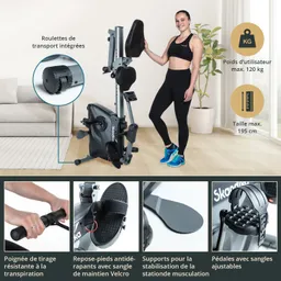 Heimtrainer mit integrierten Transportrollen, einer Person neben dem Gerät und Details zu den Eigenschaften.